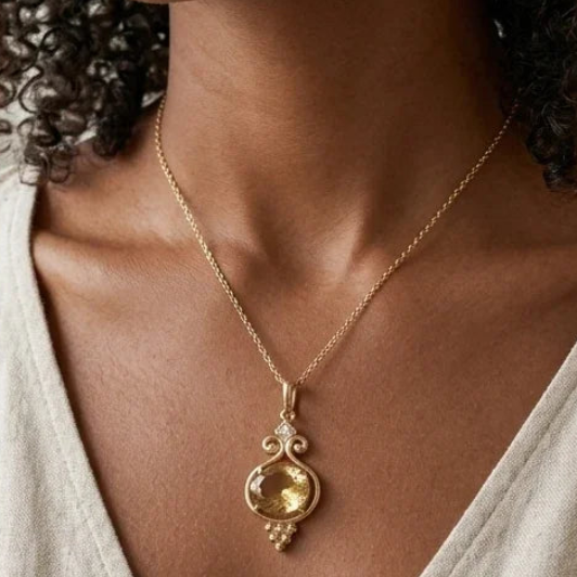 Natural Yellow Tourmaline and Brilliant Cut Diamond 14k Gold Pendant