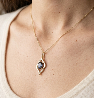 14k Gold Natural Blue Tourmaline and Brilliant Cut Diamond Pendant
