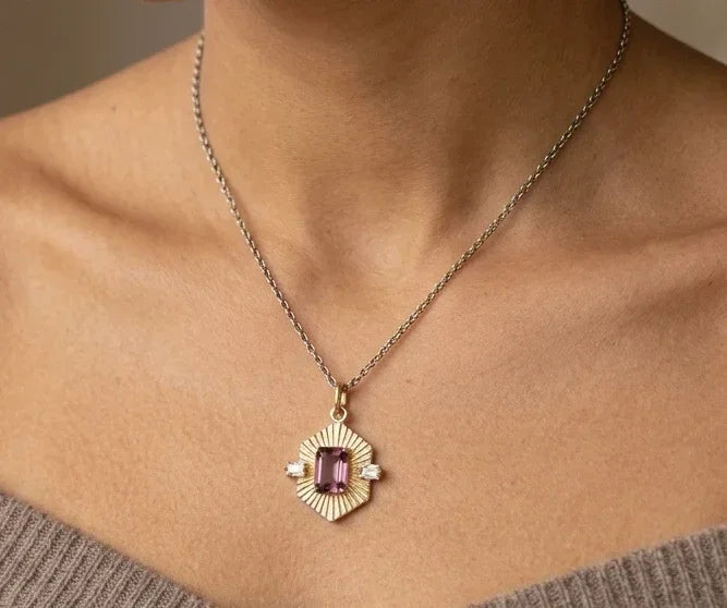 14K Solid Gold Pink Tourmaline Diamond Pendant