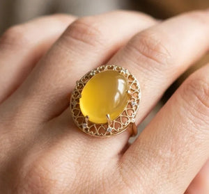 14K Gold Mexican Yellow Opal & Diamond Ring