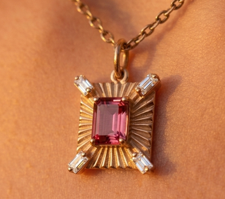 14K Solid Gold Pink Tourmaline Diamond Pendant