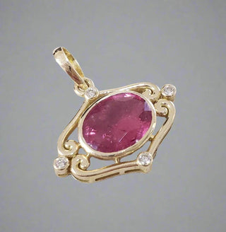 Fuschia Pink Tourmaline with Brilliant Cut Diamond 14k Gold Pendant - K Jewelry Accessories