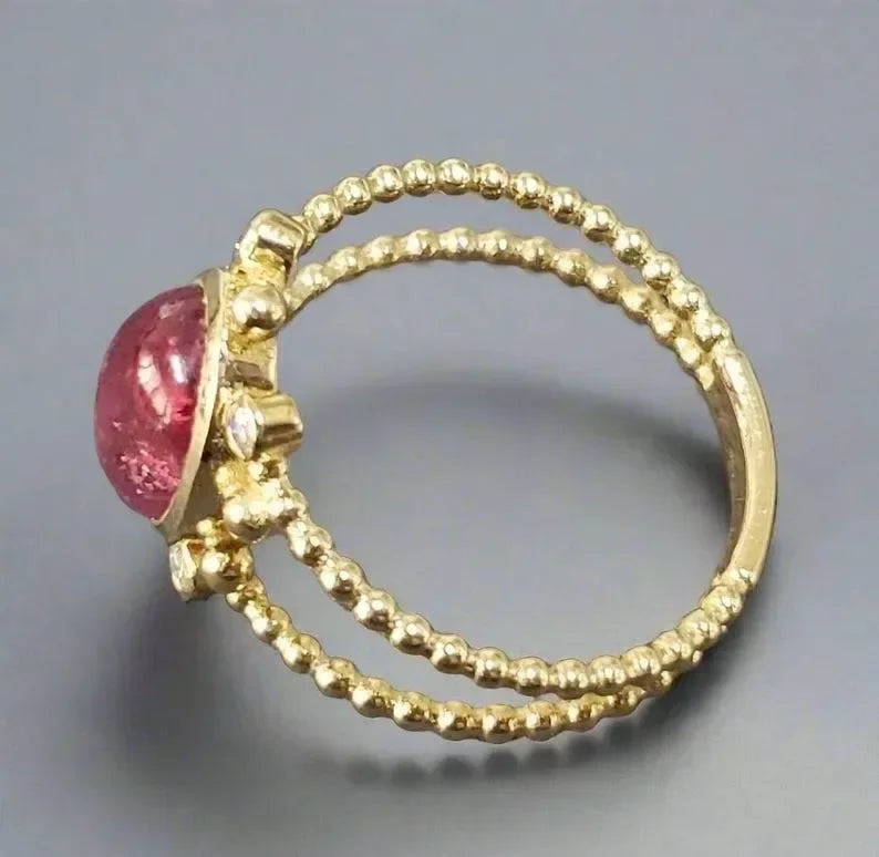 14k Gold Oval Cabochon Pink Tourmaline Diamond Ring - K Jewelry Accessories