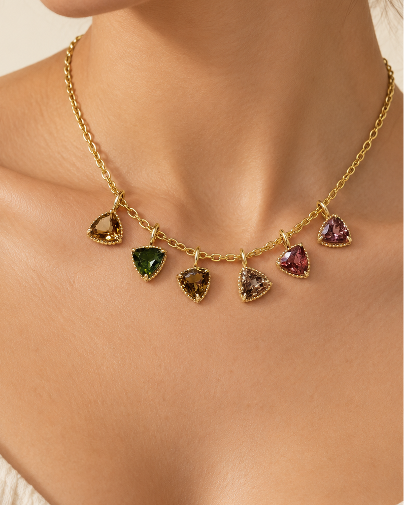 14K Gold Tourmaline Trillion Charm Pendant, Multi Color Gemstone Charm