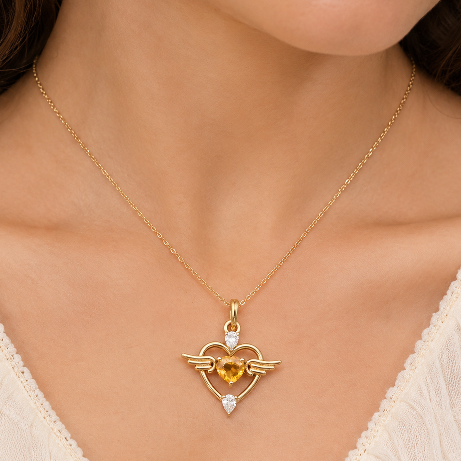 Orange Sapphire Pendant, Heart Sapphire & Diamond Charm in 14K Gold