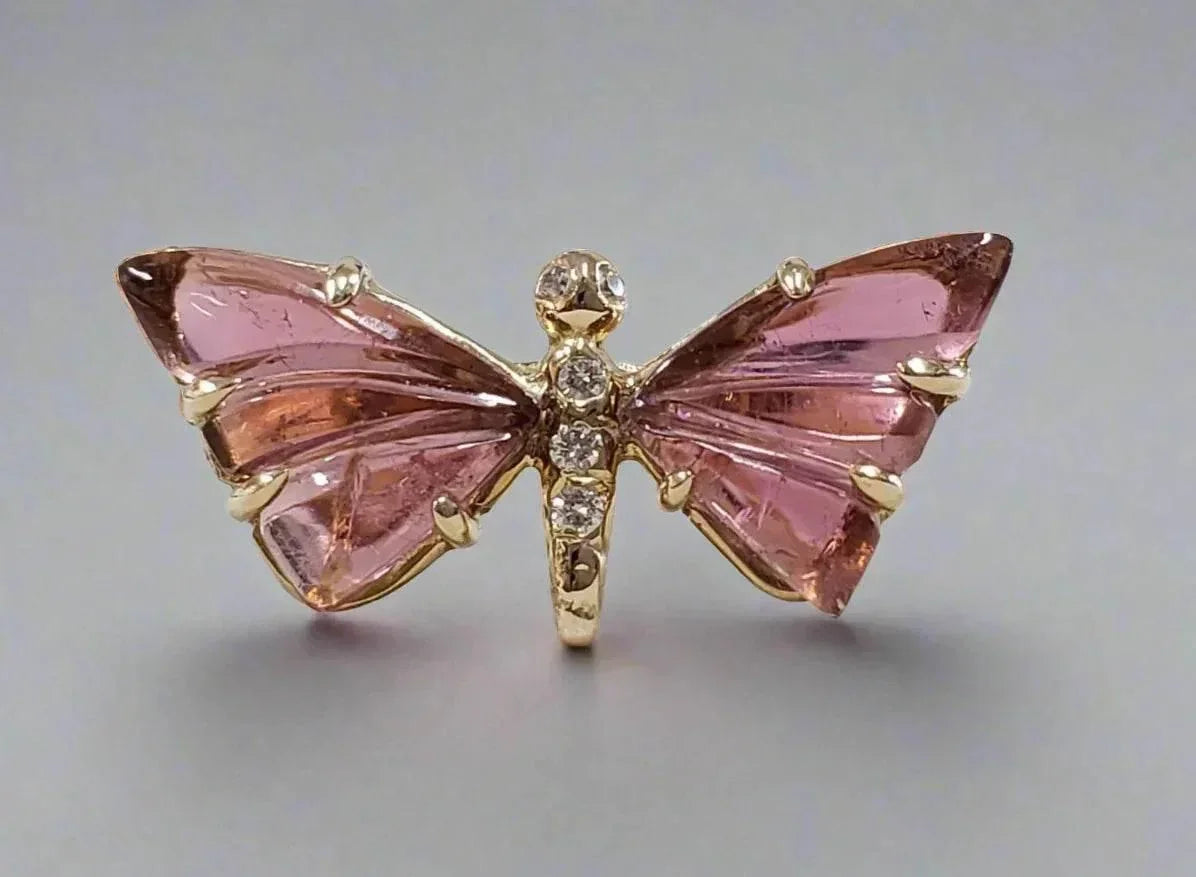 14k Gold Butterfly Pink Tourmaline Diamond Ring - K Jewelry Accessories