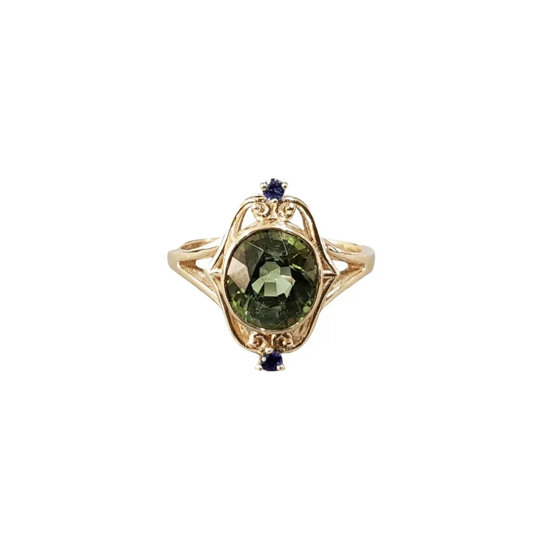 14k Gold Oval Green Tourmaline With Blue Sapphire Ring - K Jewelry Accessories