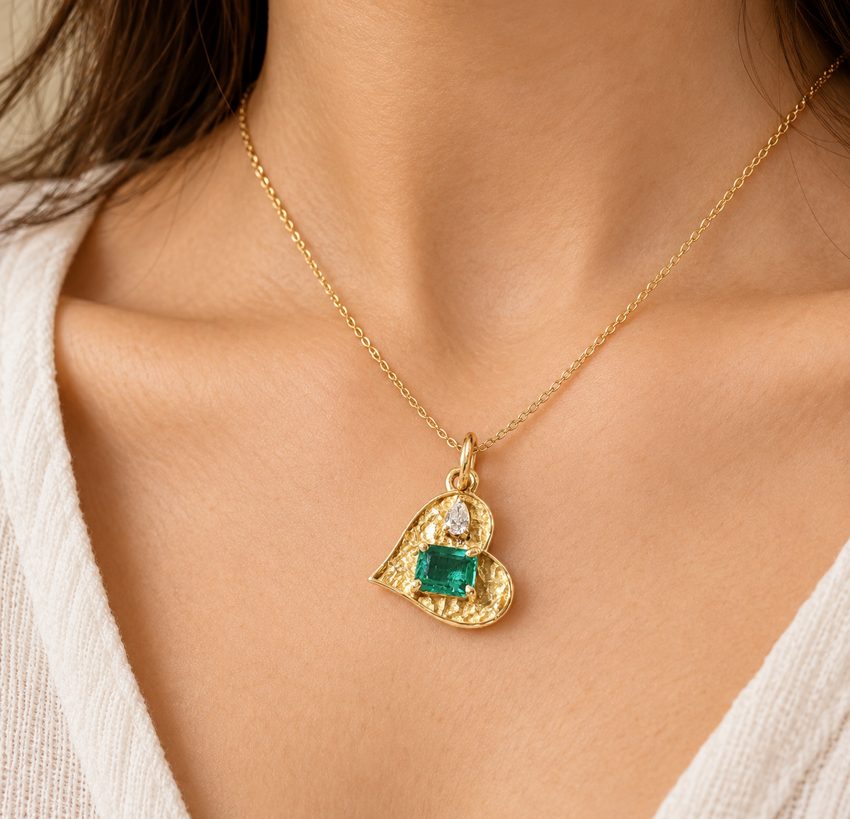 14k Gold Textured Heart Charm, Natural Emerald & Diamond