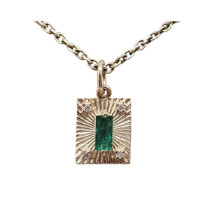 14K Gold Natural Emerald & Diamond Textured Pendant
