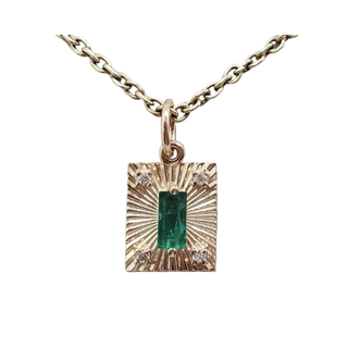 14K Gold Natural Emerald & Diamond Textured Pendant