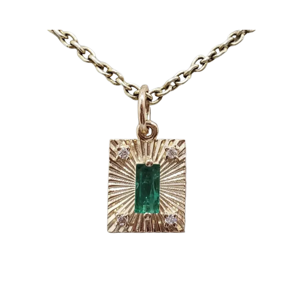 14K Gold Natural Emerald & Diamond Textured Pendant
