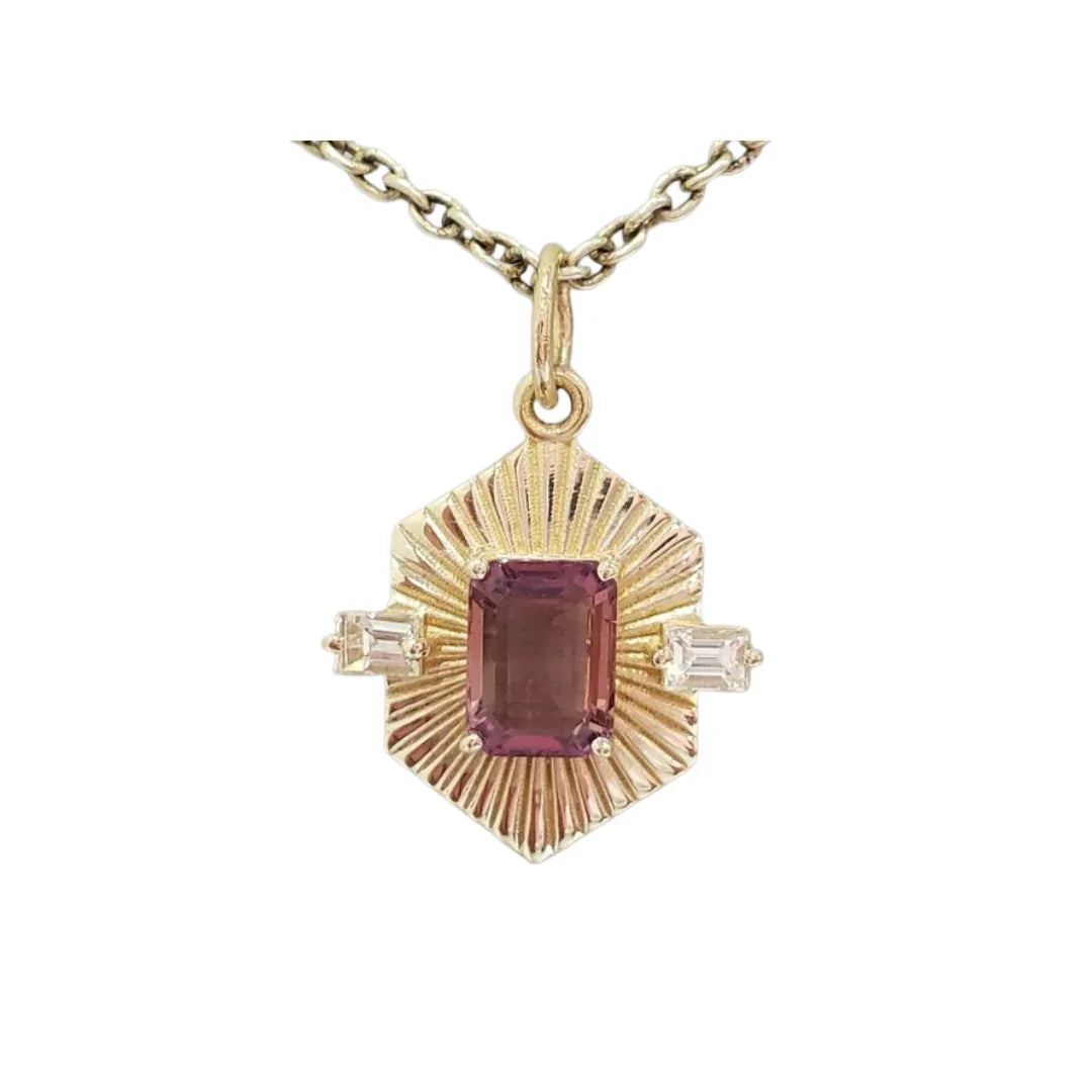 14K Solid Gold Pink Tourmaline Diamond Pendant