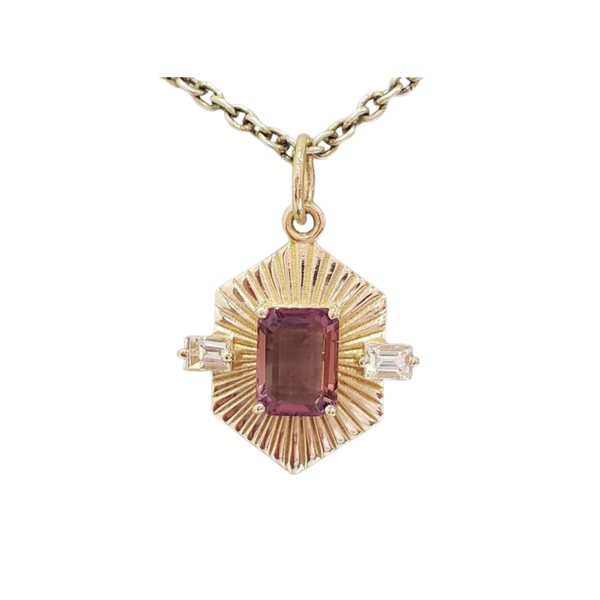 14K Solid Gold Pink Tourmaline Diamond Pendant