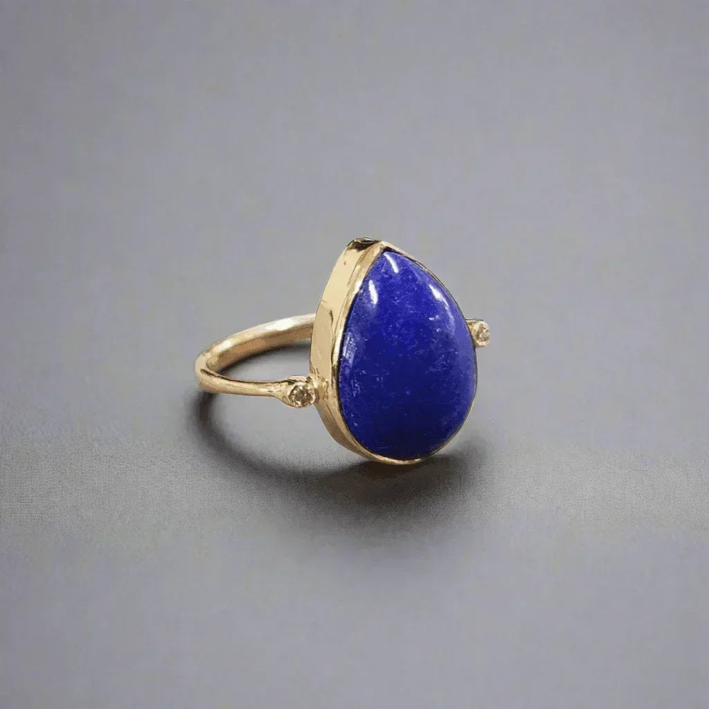 14k Gold Pear Shape Lapis & Diamond Ring - K Jewelry Accessories