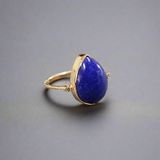 14k Gold Cabochon Lapis and Diamond Ring