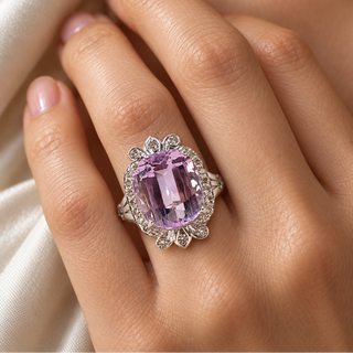 14k White Gold Pink Kunzite Ring: Diamond Art Deco Statement Ring