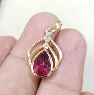 14k Gold Natural Rubellite and Diamond Pendant - K Jewelry Accessories