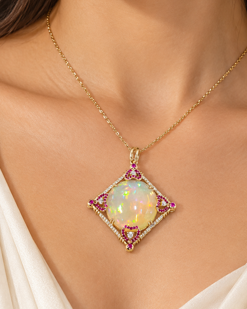 14 Karat Gold-Anhänger mit birnenförmigem Opal und Diamant