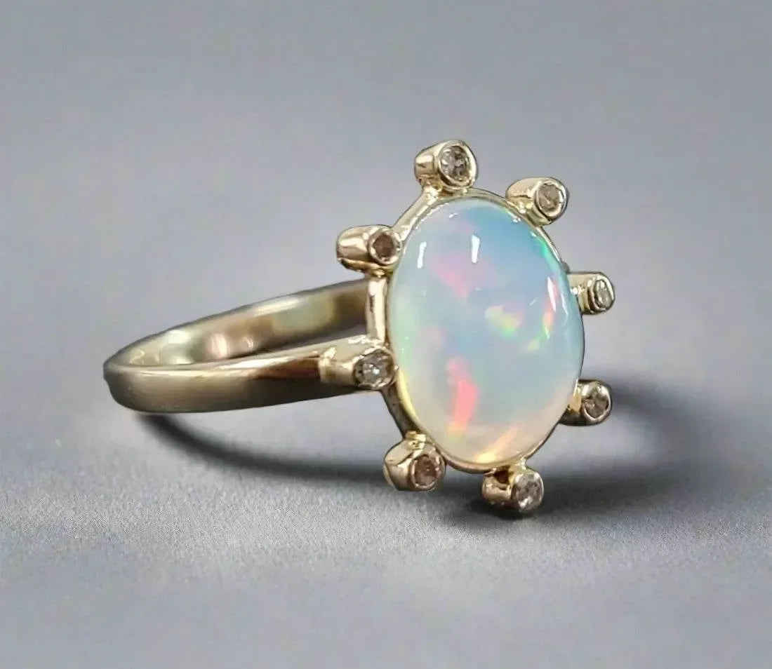 Handmade 14k Gold Opal and Diamond Ring - K Jewelry Accessories