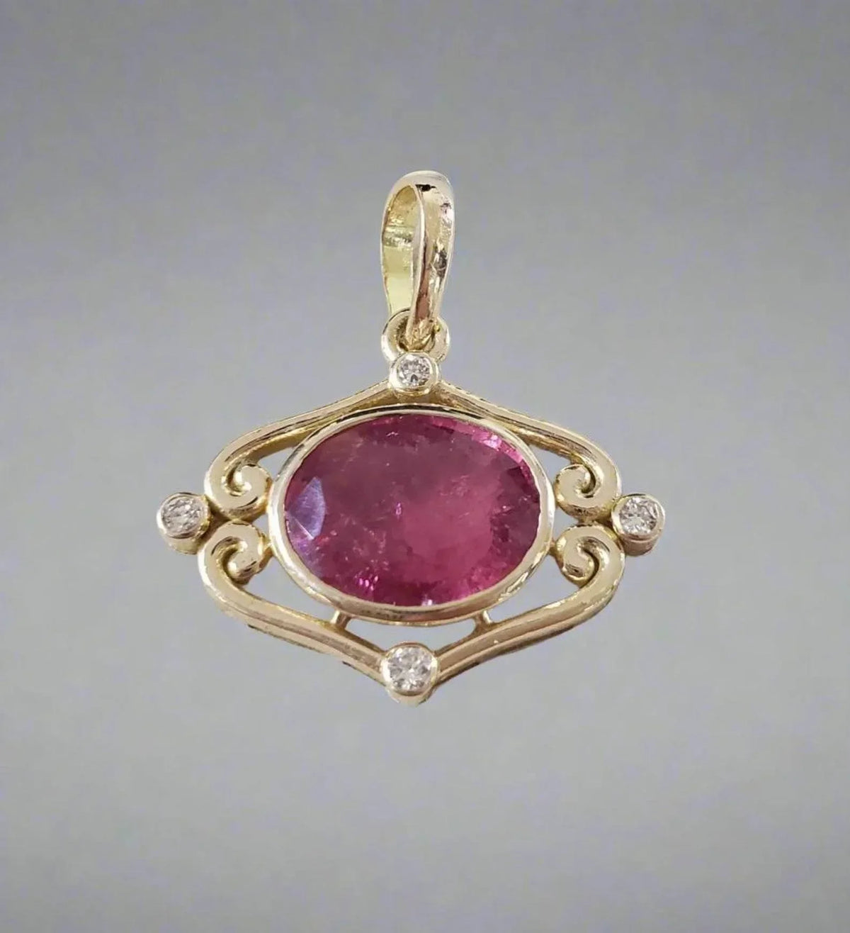 Fuschia Pink Tourmaline with Brilliant Cut Diamond 14k Gold Pendant - K Jewelry Accessories