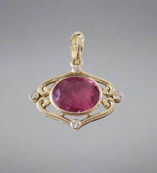 Fuschia Pink Tourmaline with Brilliant Cut Diamond 14k Gold Pendant - K Jewelry Accessories