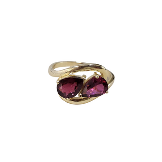 14k Gold 2 Stone Pear Shape Pink Tourmaline Ring Shown On White Background