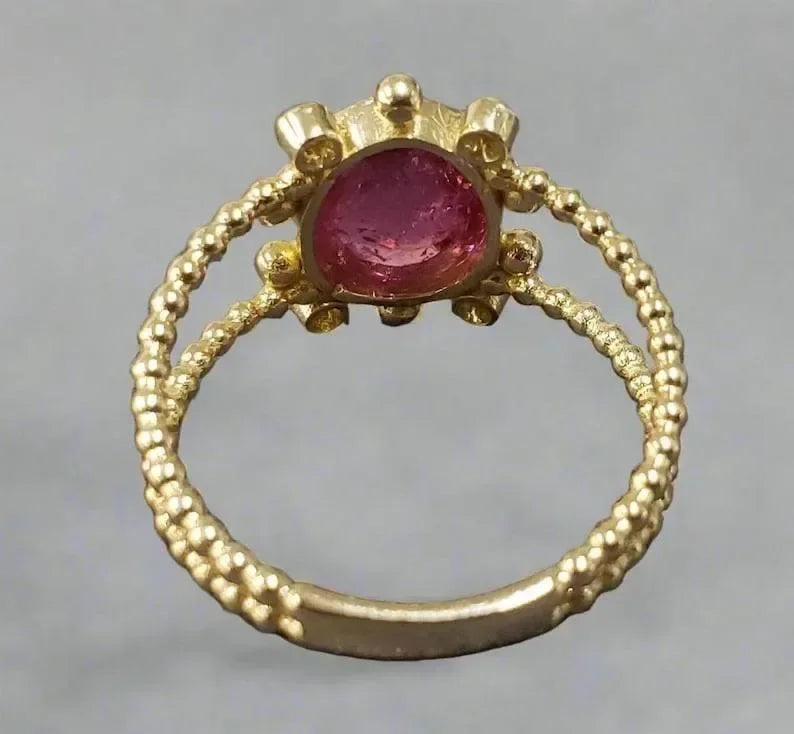 14k Gold Oval Cabochon Pink Tourmaline Diamond Ring - K Jewelry Accessories