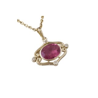 Fuschia Pink Tourmaline with Brilliant Cut Diamond 14k Gold Pendant - K Jewelry Accessories