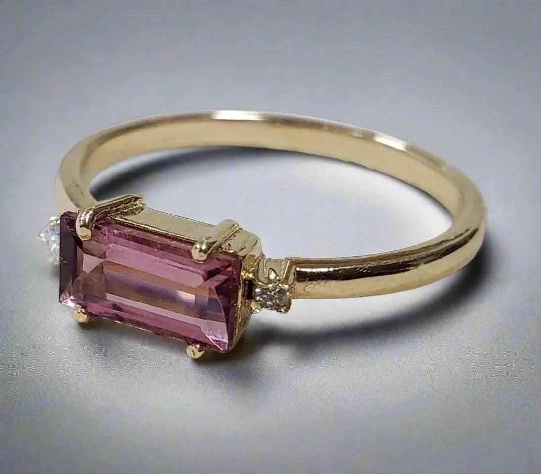 14k Solid Tourmaline Baguette Gold Ring with Diamond - K Jewelry Accessories