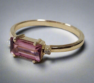 14k Solid Tourmaline Baguette Gold Ring with Diamond - K Jewelry Accessories