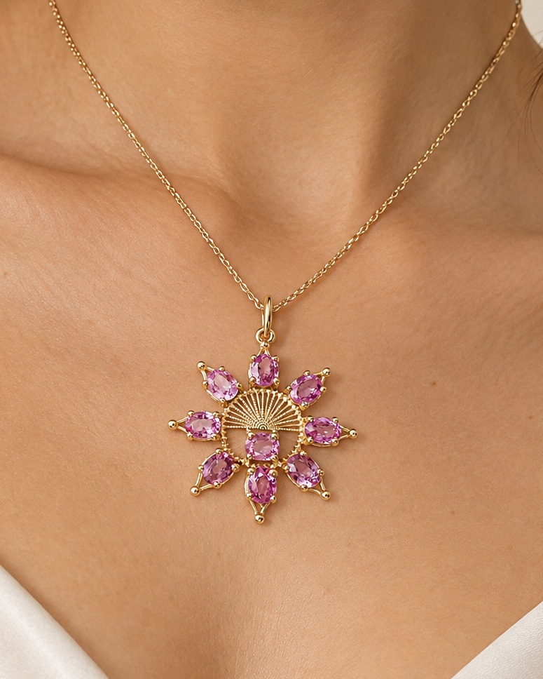 14K Gold Pink Sapphire Pendant, Floral Starburst Gemstone