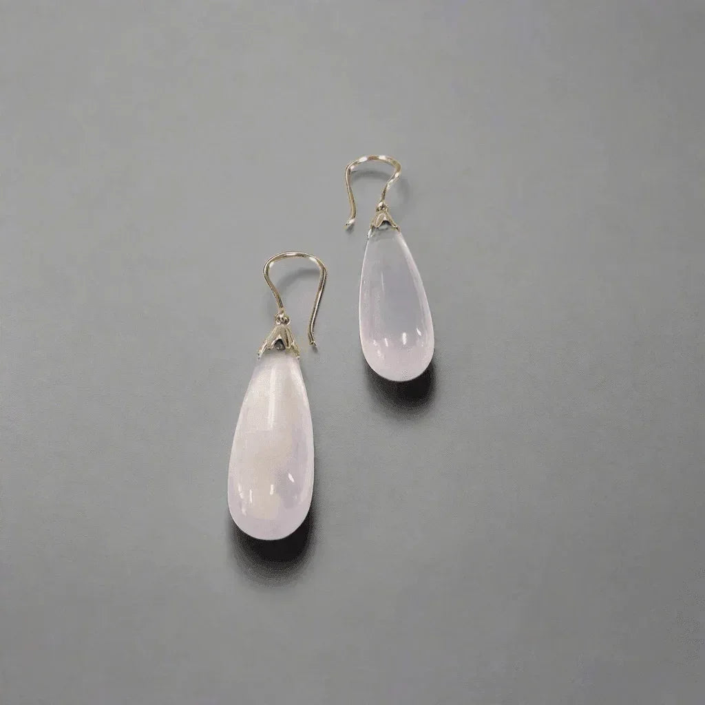 Drop Shape - 14k Gold Natural Rose Real Quartz Earrings - K Jewelry Accessories
