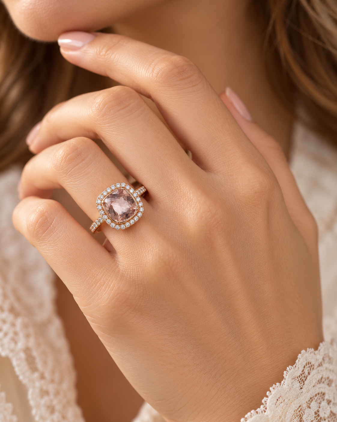 Peach Morganite Diamond Ring in 18k Rose Gold