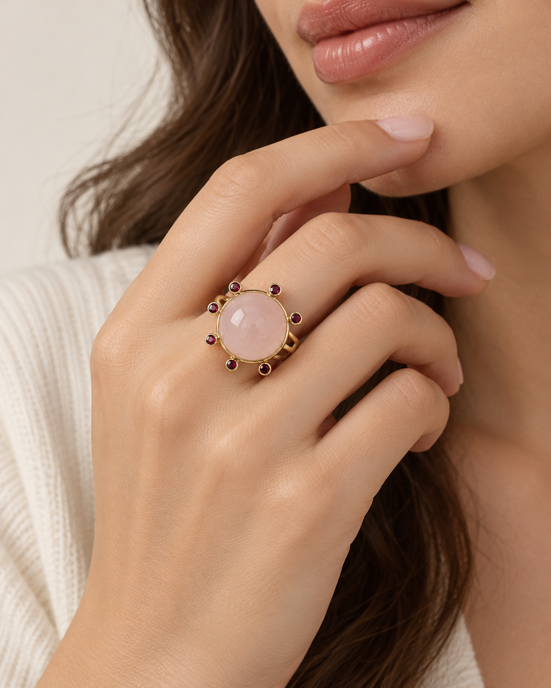 Smooth Rose Quartz and Ruby 14k Gold Ring, Cluster Setting