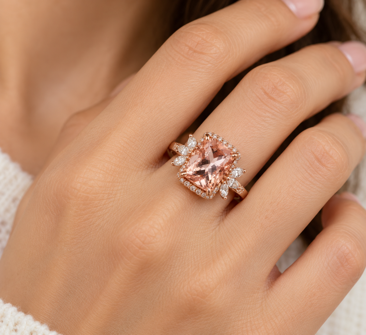 Morganite Engagement Ring, Peach Cushion with Floral Diamond Halo in 14K Rose Gold
