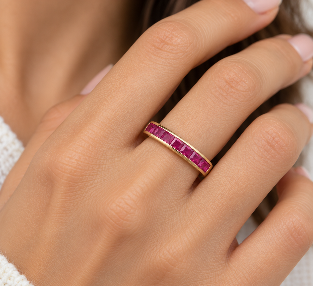 Ruby Band Ring, Baguette Ruby Channel Set Half Eternity Ring in 14K Gold