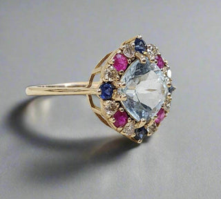 14k Gold Cushion Aquamarine With Ruby, Blue Sapphire and Diamond Ring - K Jewelry Accessories