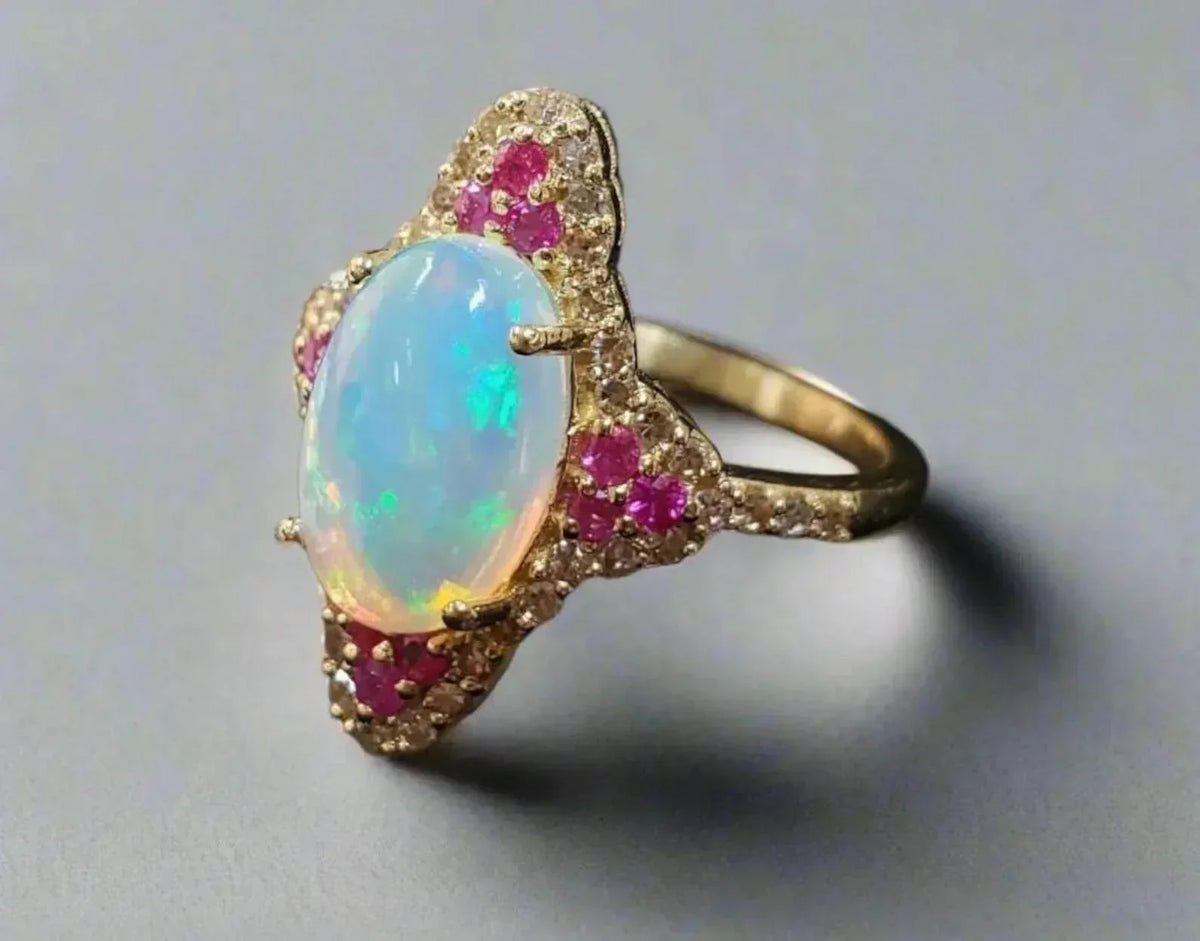 14k Solid Gold Cabochon Ethiopian Opal Ruby Diamond Ring - K Jewelry Accessories