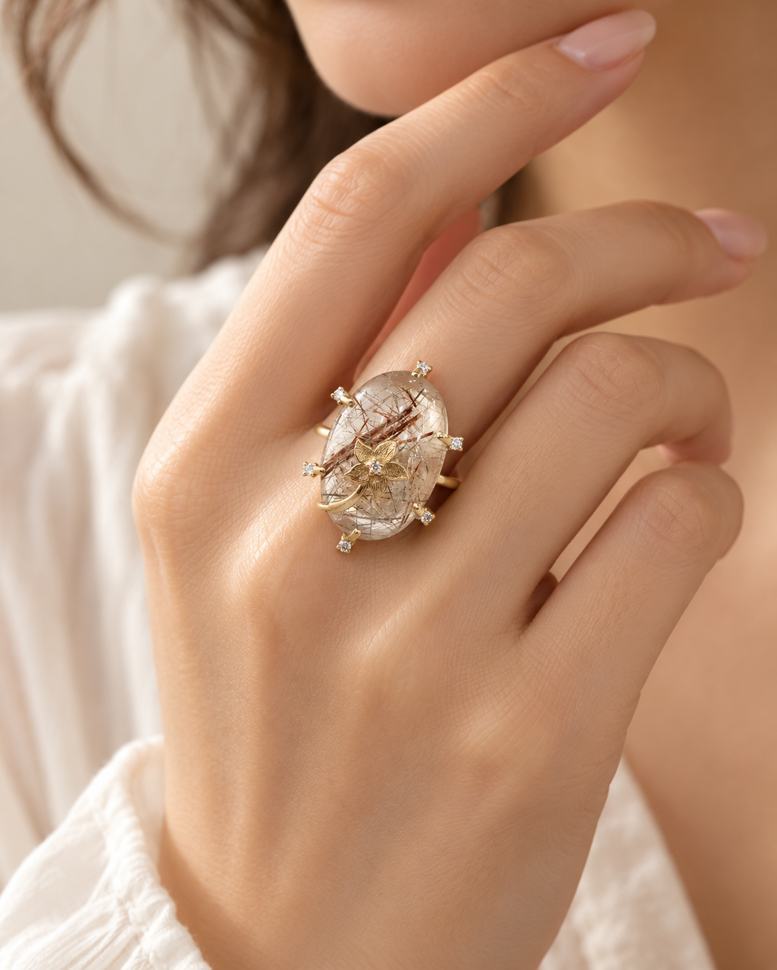 14K Gold Rutile Quartz Diamond Ring, Stone Overlay
