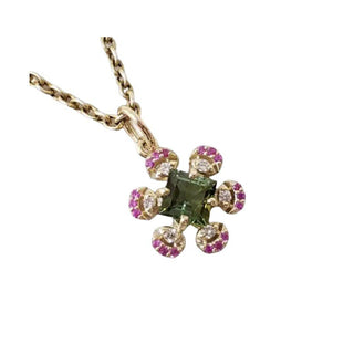 14k Gold Green Tourmaline Pendant with Ruby & Diamond Accents - K Jewelry Accessories