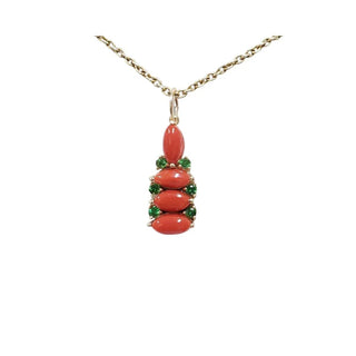 14K Gold Coral Pendant with Tsavorite Accents | Handmade Colorful Gemstone Necklace - K Jewelry Accessories