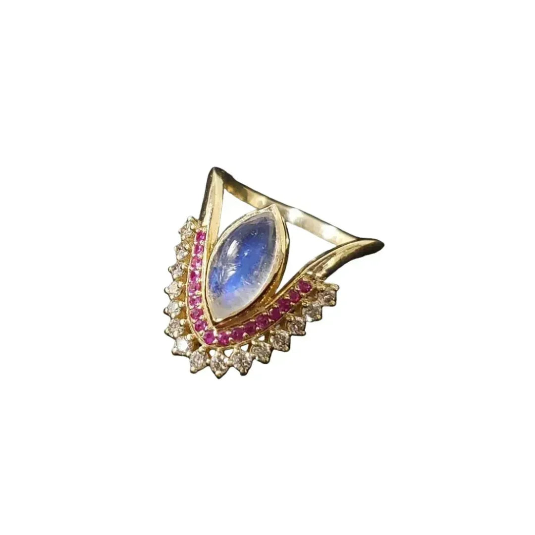 14K Gold Rainbow Moonstone Ring | Ruby and Diamond Ring - K Jewelry Accessories