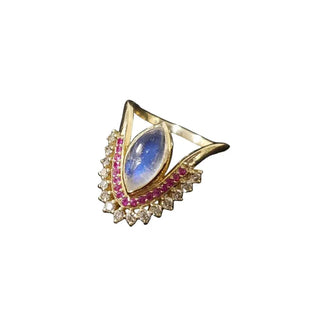14K Gold Rainbow Moonstone Ring | Ruby and Diamond Ring - K Jewelry Accessories
