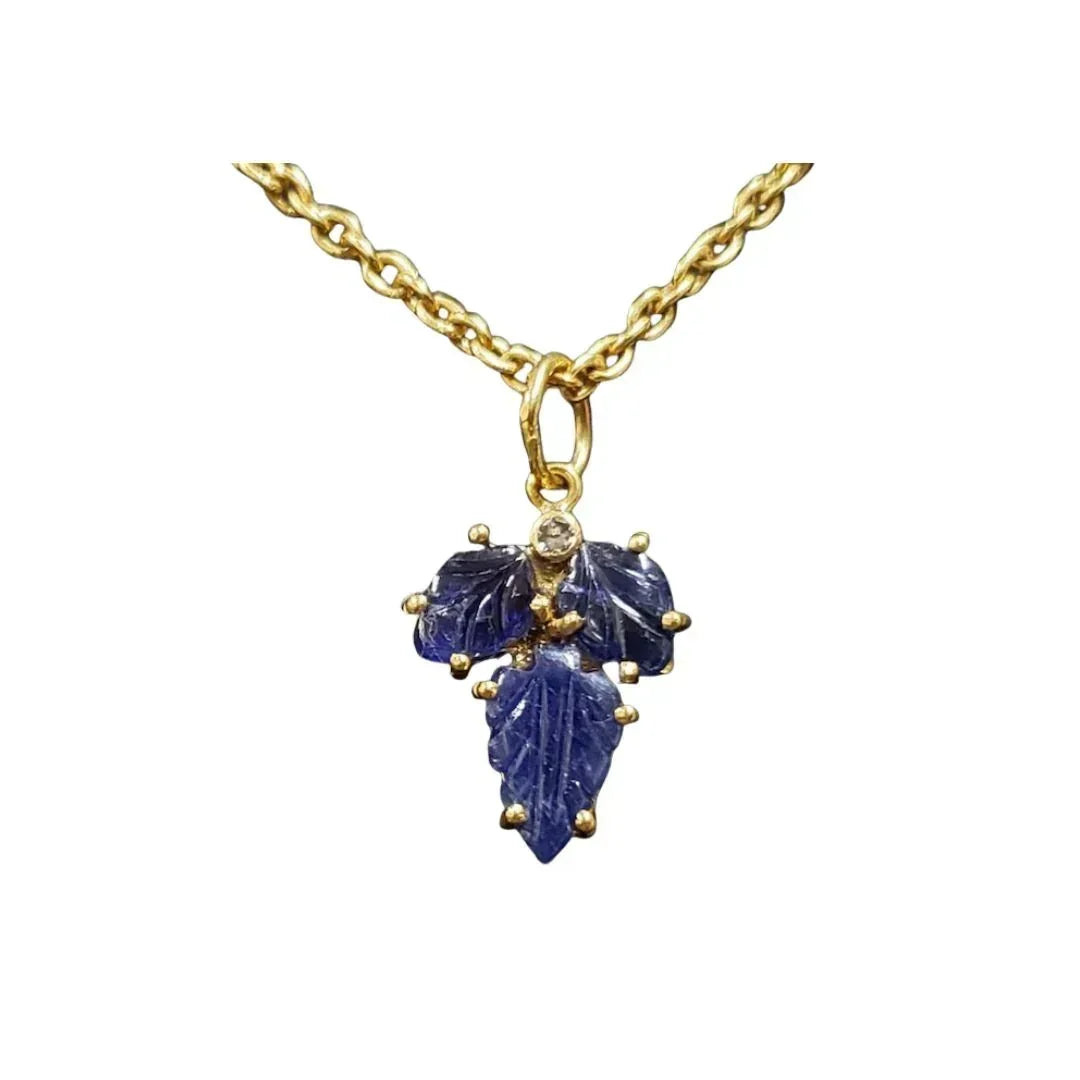 18k Gold Carved Leaf Blue Sapphire Diamond Pendant - K Jewelry Accessories