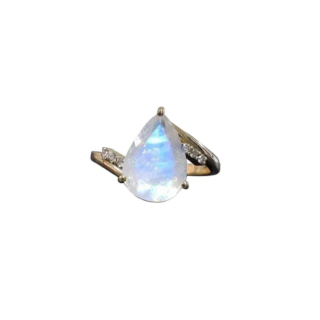 14k Gold Rainbow Moonstone Ring • Teardrop Blue Schiller Stone - K Jewelry Accessories
