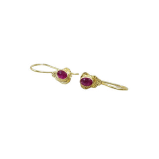 Natural Ruby 18k Gold Earring, Hammered Texture, Earwire Closure