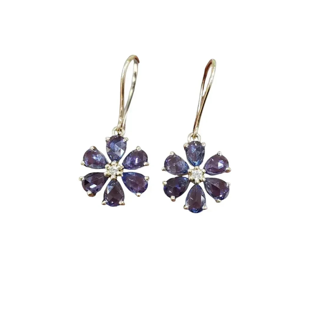 14k Gold Blue Sapphire Flower Earrings – Handmade Dangle Earrings - K Jewelry Accessories