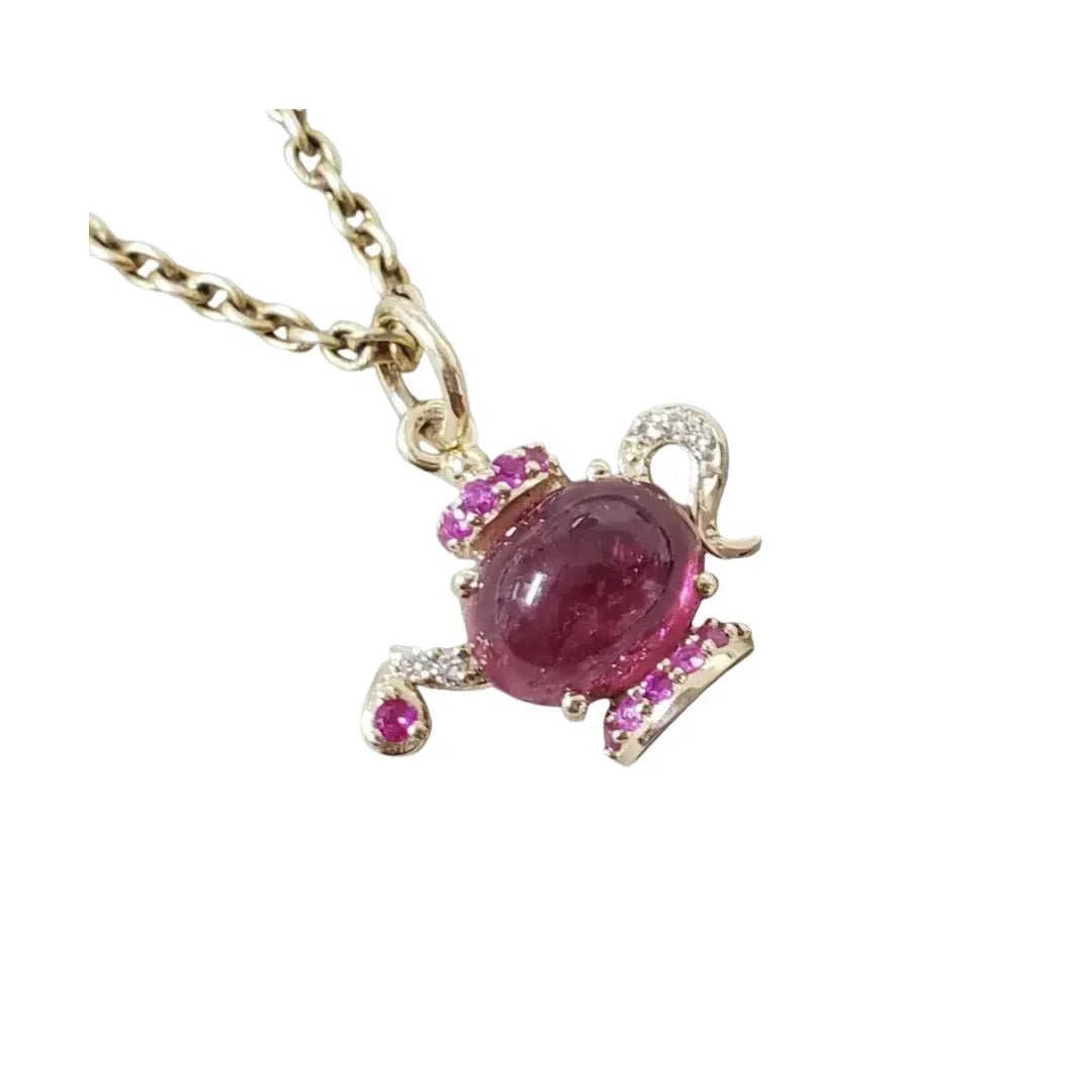 14k Gold Teapot Pendant: Pink Tourmaline Cabochon, Ruby & Diamond - K Jewelry Accessories