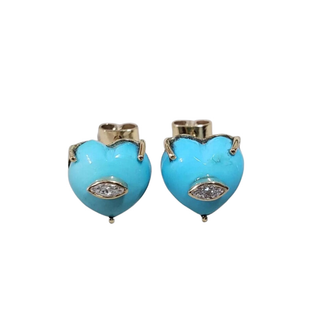 14k Gold Turquoise Heart Stud Earrings with Diamond Accent