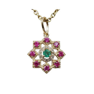 14k Gold Floral Pendant Necklace: Emerald, Ruby & Diamond Vintage Style - K Jewelry Accessories